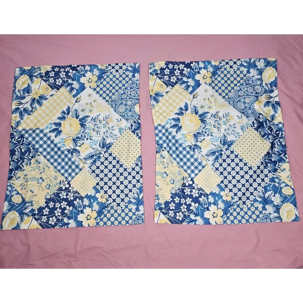 VTG Gold Coast Blue Yellow Floral Gingham Polyester Pillow Cover Set 2 Farmhouse
